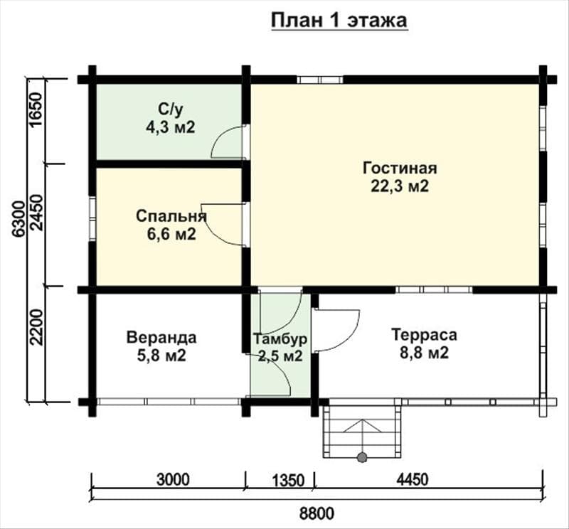 Проект одноэтажного дачного дома из бруса 6,3х8,8 м №72
